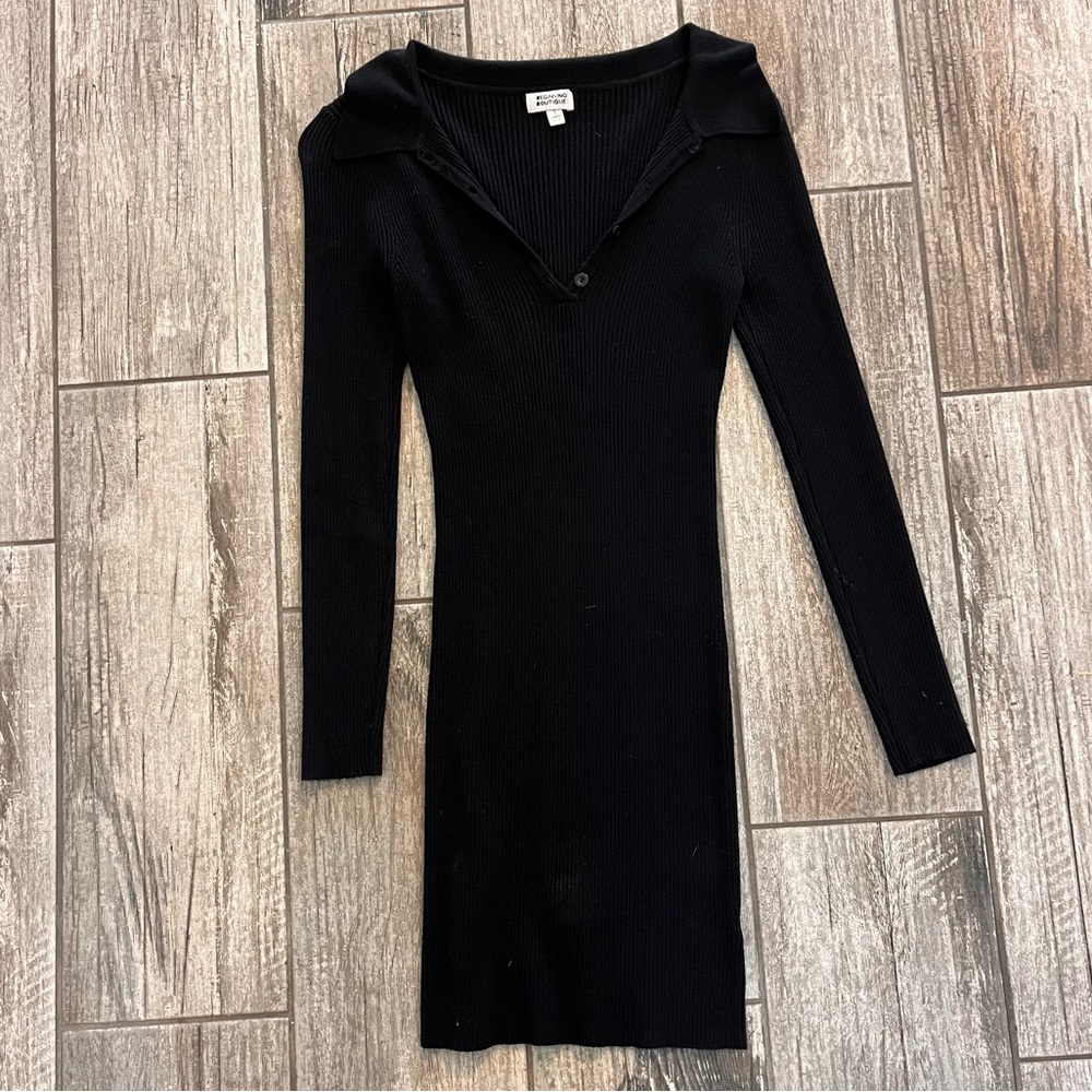 Beginning Boutique Black Collared Long Sleeve Mini Dress